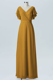 Chiffon Column V-Neck Sheer Sleeves Bridesmaid Dress-B07919