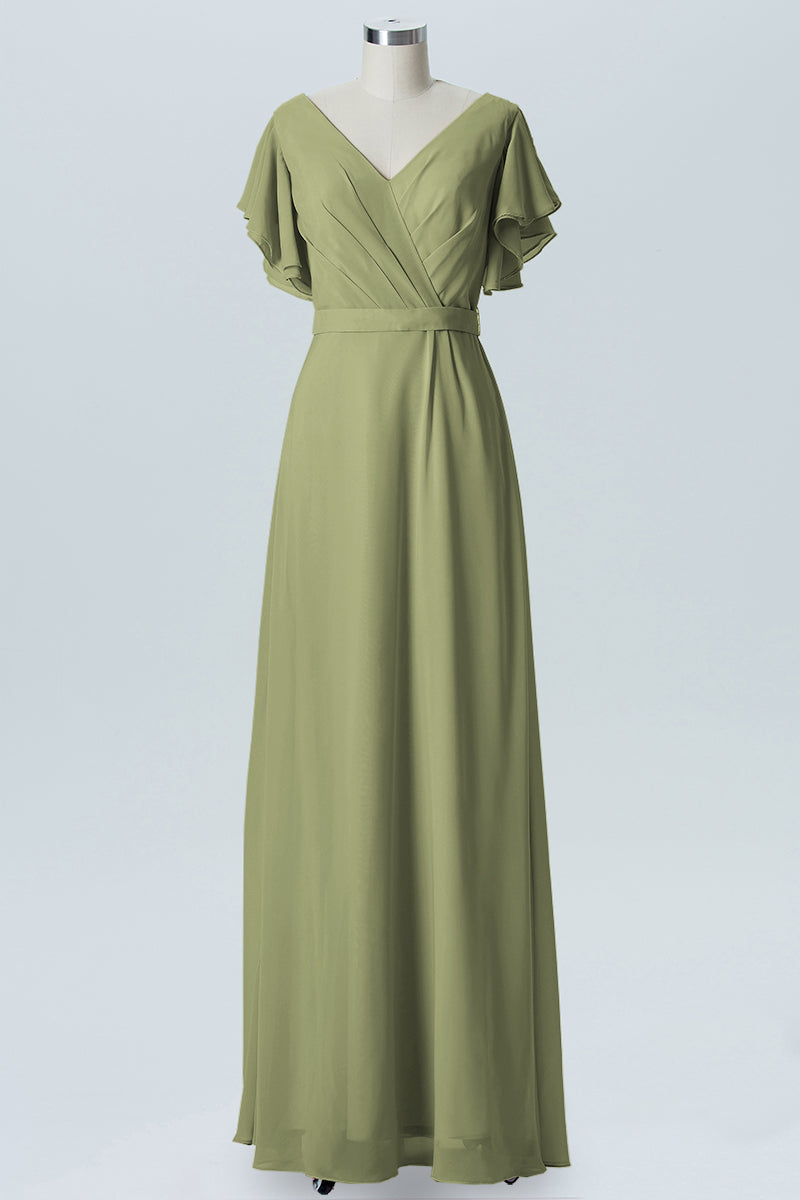 Chiffon Column V-Neck Sheer Sleeves Bridesmaid Dress-B07919