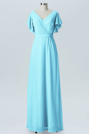 Chiffon Column V-Neck Sheer Sleeves Bridesmaid Dress-B07919