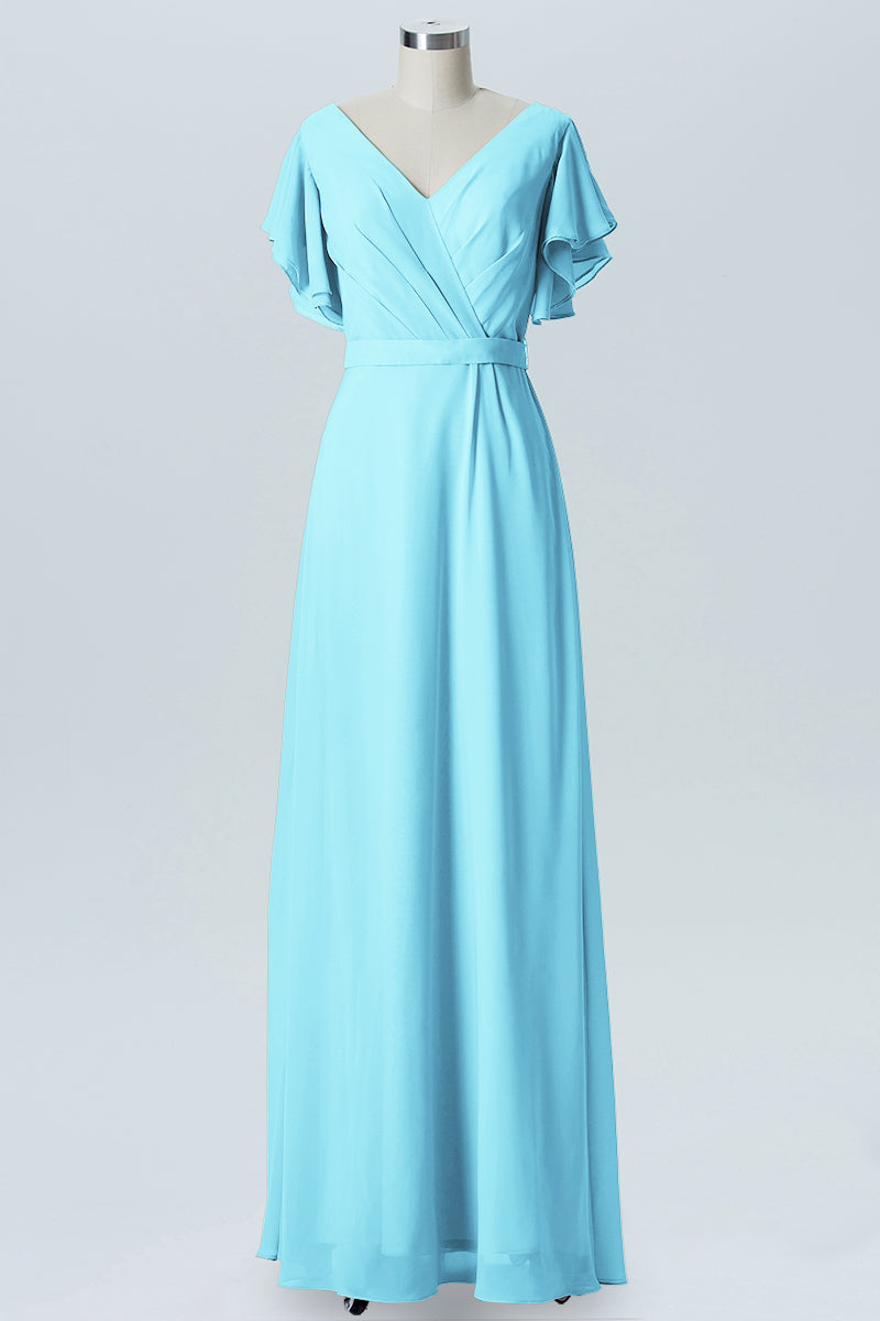 Chiffon Column V-Neck Sheer Sleeves Bridesmaid Dress-B07919
