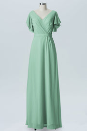 Chiffon Column V-Neck Sheer Sleeves Bridesmaid Dress-B07919