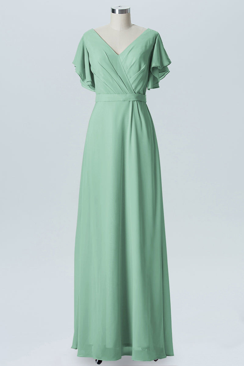 Chiffon Column V-Neck Sheer Sleeves Bridesmaid Dress-B07919