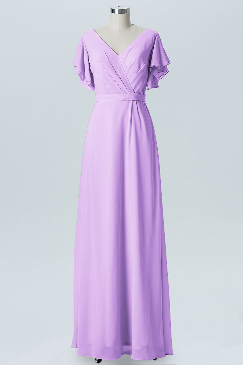 Chiffon Column V-Neck Sheer Sleeves Bridesmaid Dress-B07919