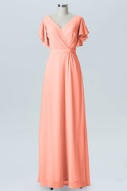 Chiffon Column V-Neck Sheer Sleeves Bridesmaid Dress-B07919
