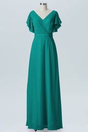 Chiffon Column V-Neck Sheer Sleeves Bridesmaid Dress-B07919