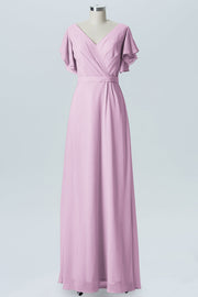 Chiffon Column V-Neck Sheer Sleeves Bridesmaid Dress-B07919