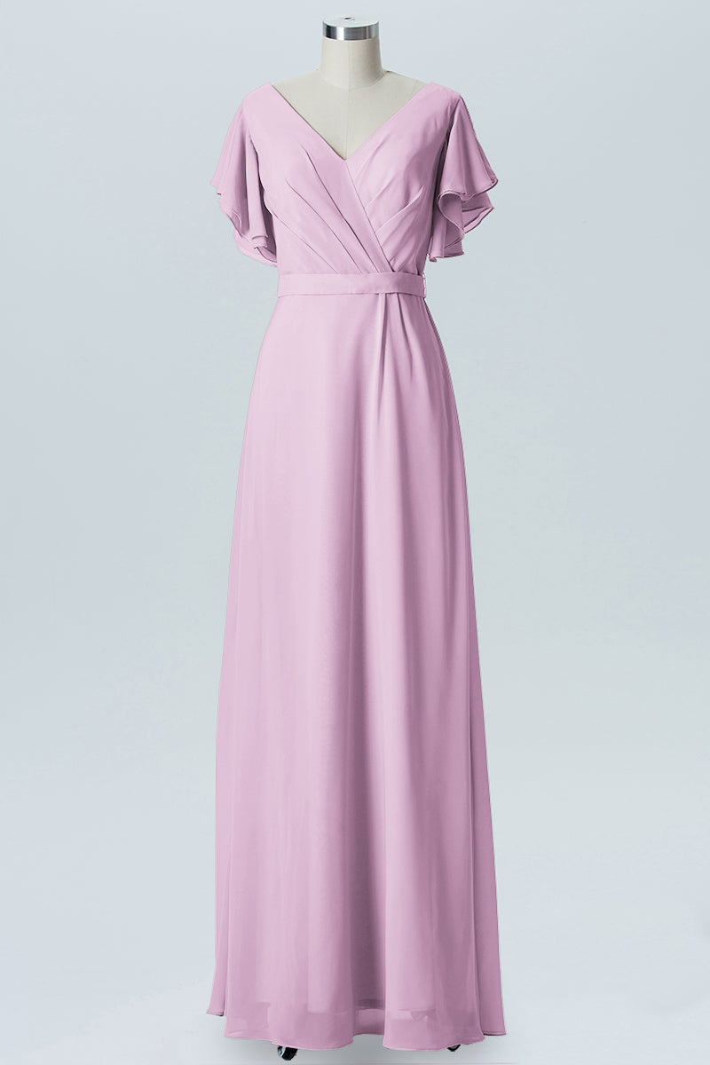 Chiffon Column V-Neck Sheer Sleeves Bridesmaid Dress-B07919