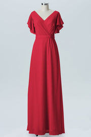Chiffon Column V-Neck Sheer Sleeves Bridesmaid Dress-B07919