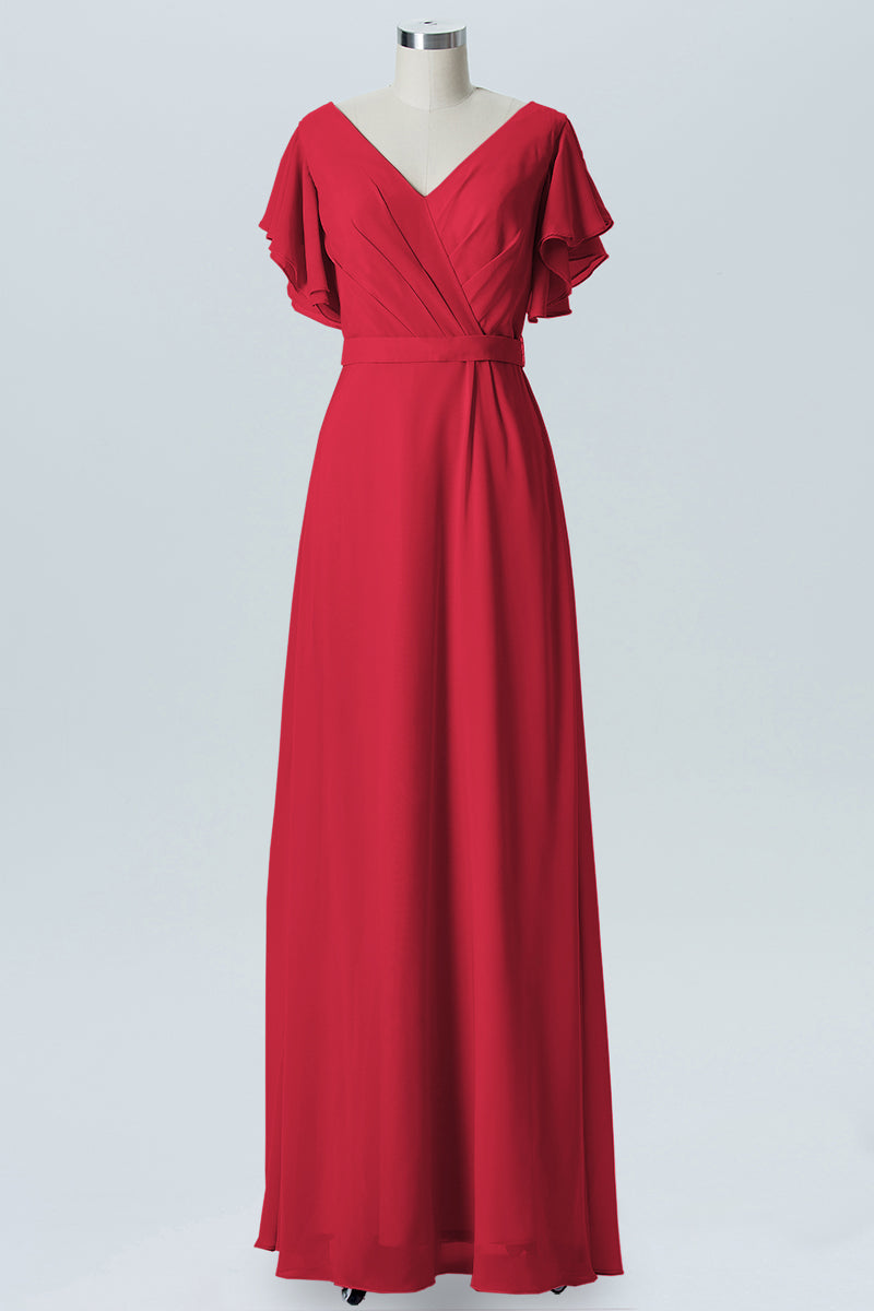 Chiffon Column V-Neck Sheer Sleeves Bridesmaid Dress-B07919