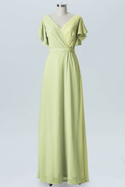 Chiffon Column V-Neck Sheer Sleeves Bridesmaid Dress-B07919