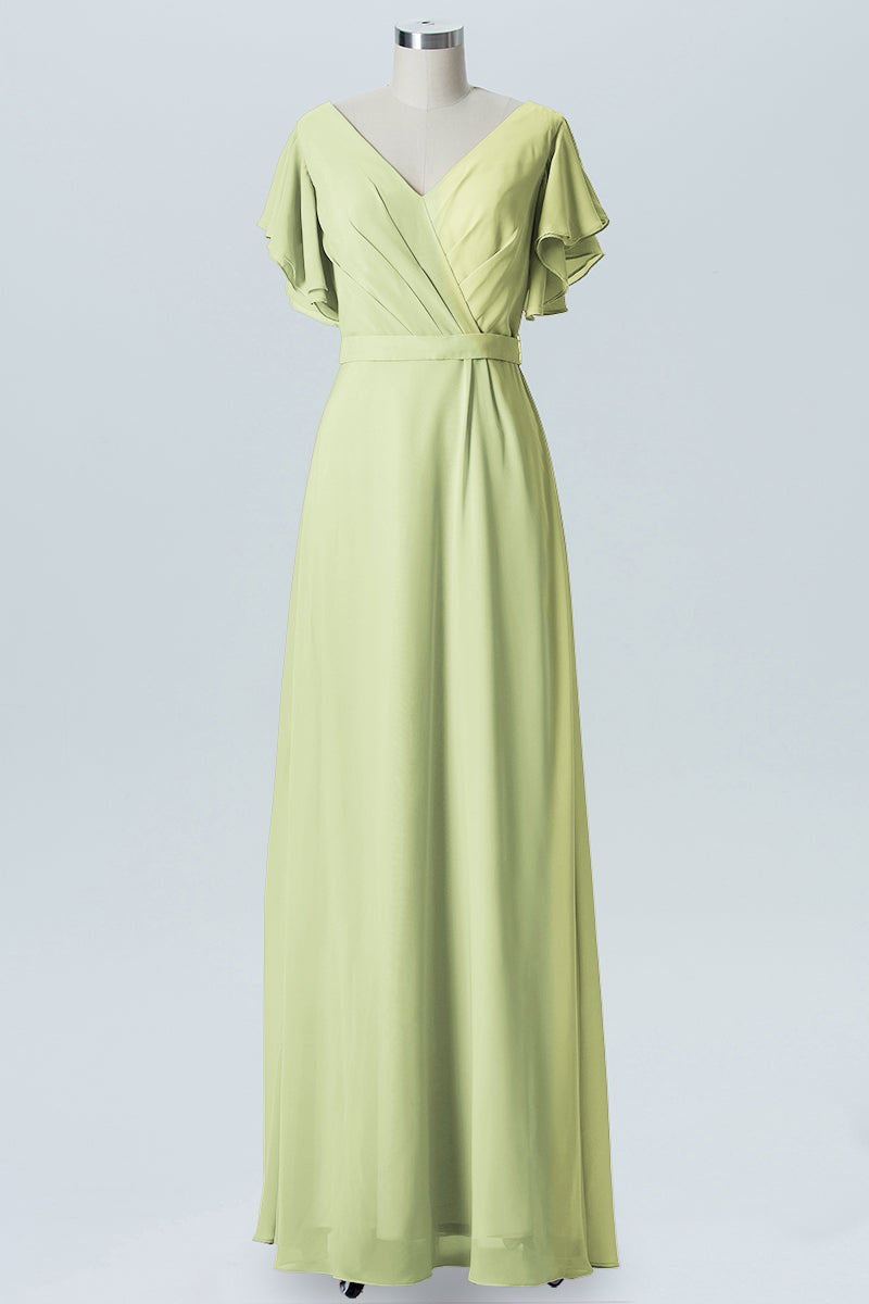 Chiffon Column V-Neck Sheer Sleeves Bridesmaid Dress-B07919
