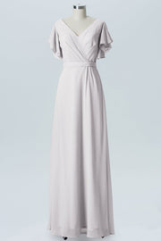 Chiffon Column V-Neck Sheer Sleeves Bridesmaid Dress-B07919