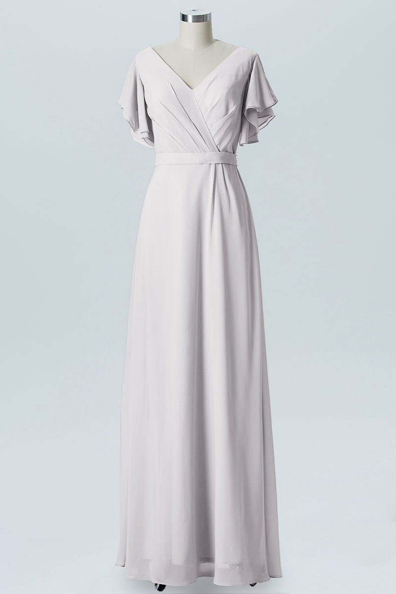 Chiffon Column V-Neck Sheer Sleeves Bridesmaid Dress-B07919