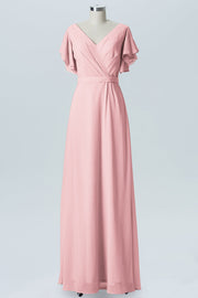 Chiffon Column V-Neck Sheer Sleeves Bridesmaid Dress-B07919