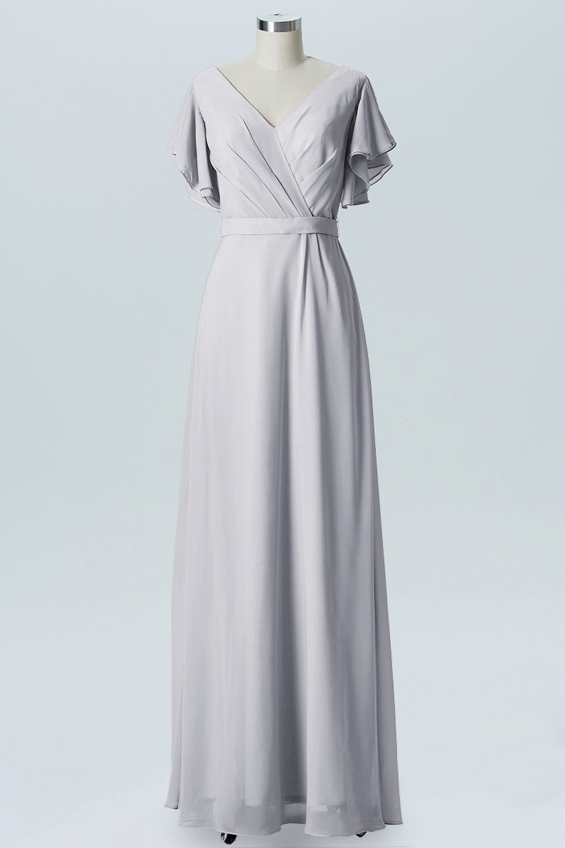Chiffon Column V-Neck Sheer Sleeves Bridesmaid Dress-B07919