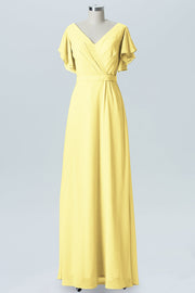 Chiffon Column V-Neck Sheer Sleeves Bridesmaid Dress-B07919