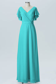 Chiffon Column V-Neck Sheer Sleeves Bridesmaid Dress-B07919