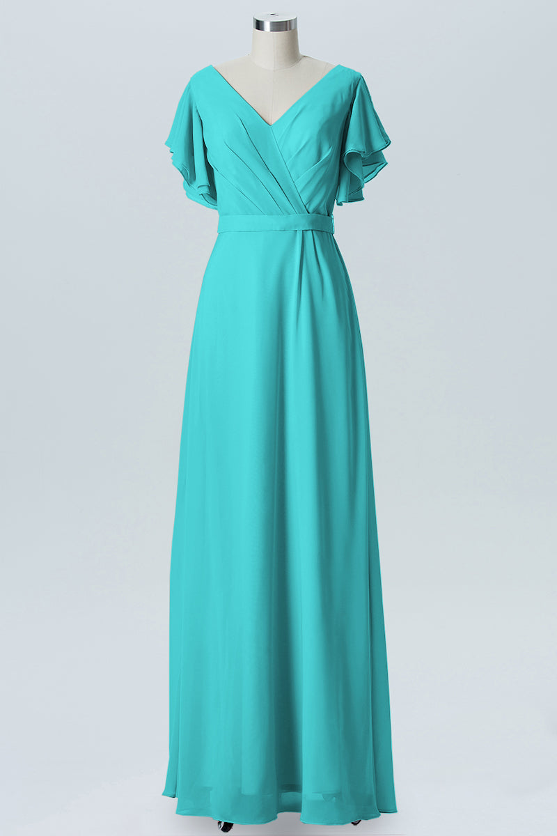 Chiffon Column V-Neck Sheer Sleeves Bridesmaid Dress-B07919