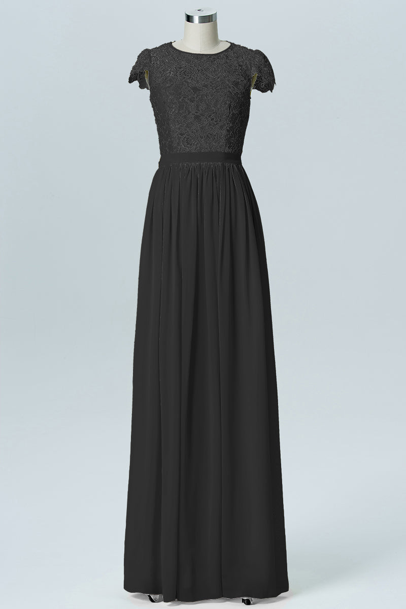 Lace Column Scoop Neck Sheer Sleeves Bridesmaid Dress-B08170