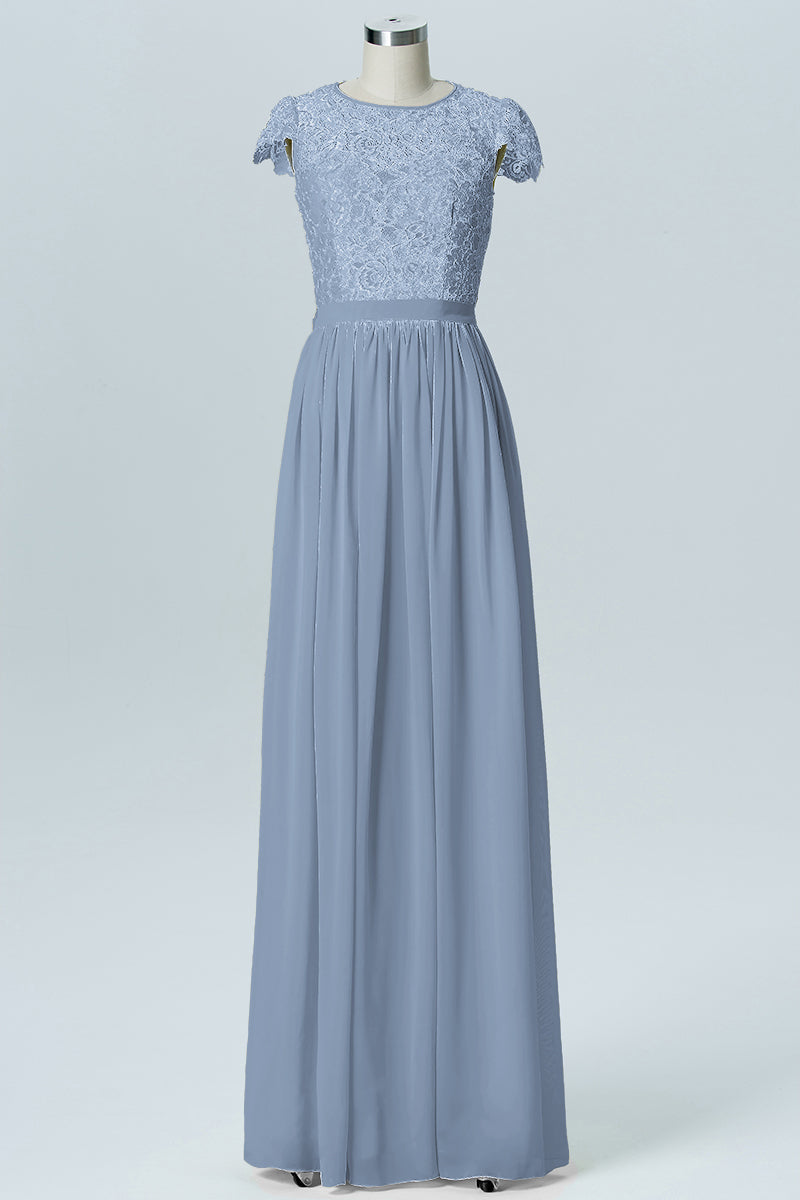 Lace Column Scoop Neck Sheer Sleeves Bridesmaid Dress-B08170