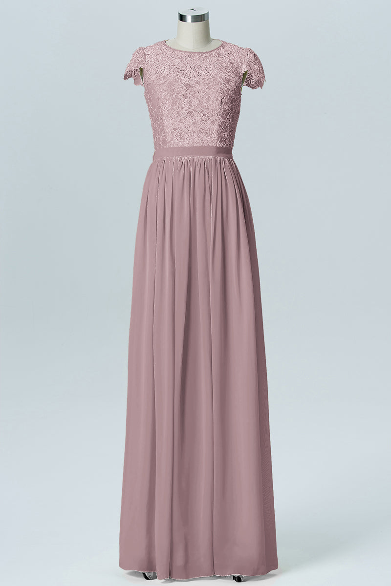 Lace Column Scoop Neck Sheer Sleeves Bridesmaid Dress-B08170