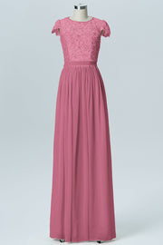 Lace Column Scoop Neck Sheer Sleeves Bridesmaid Dress-B08170