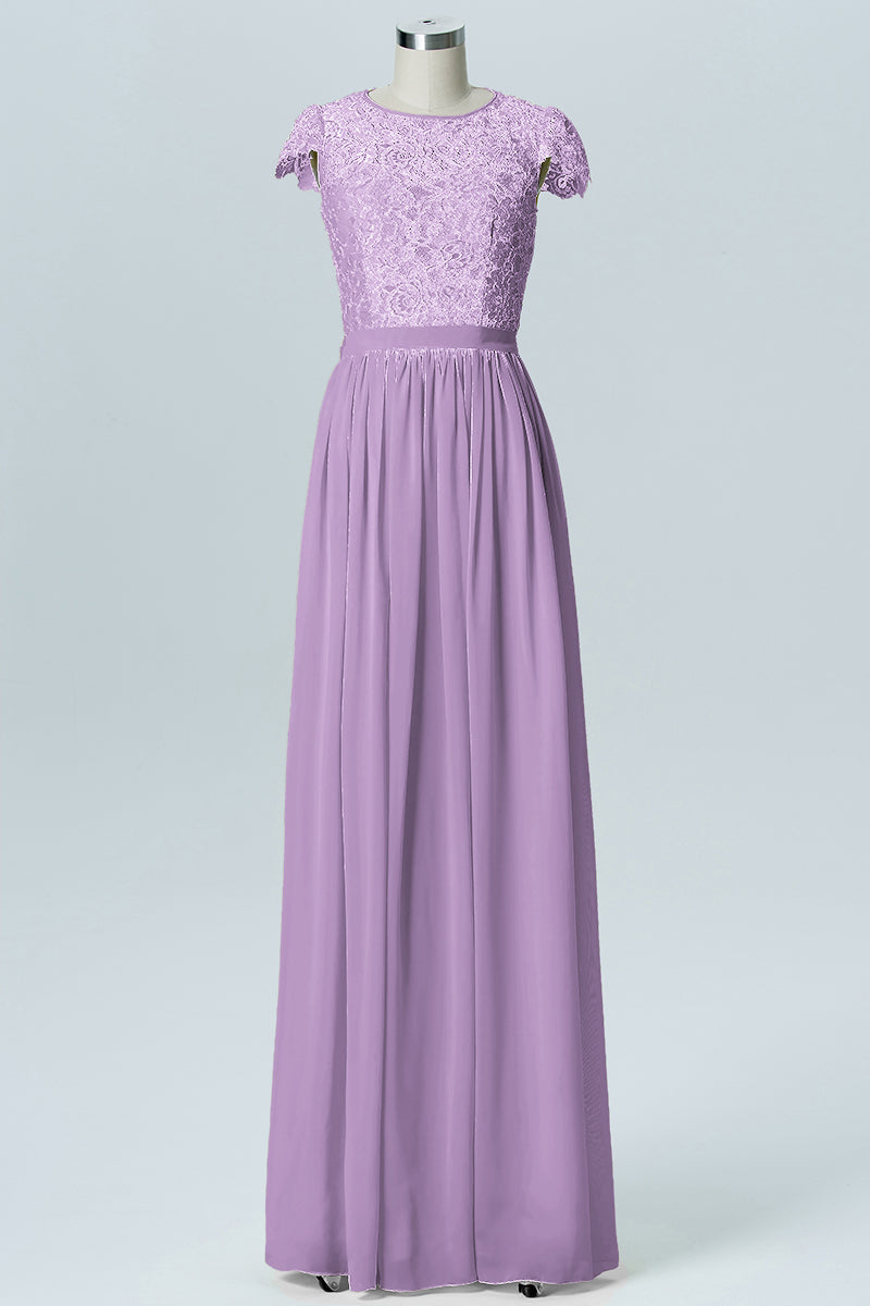 Lace Column Scoop Neck Sheer Sleeves Bridesmaid Dress-B08170