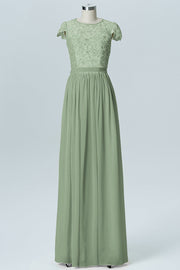 Lace Column Scoop Neck Sheer Sleeves Bridesmaid Dress-B08170