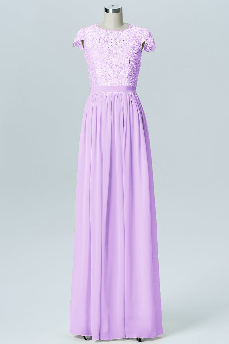 Lace Column Scoop Neck Sheer Sleeves Bridesmaid Dress-B08170