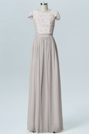 Lace Column Scoop Neck Sheer Sleeves Bridesmaid Dress-B08170