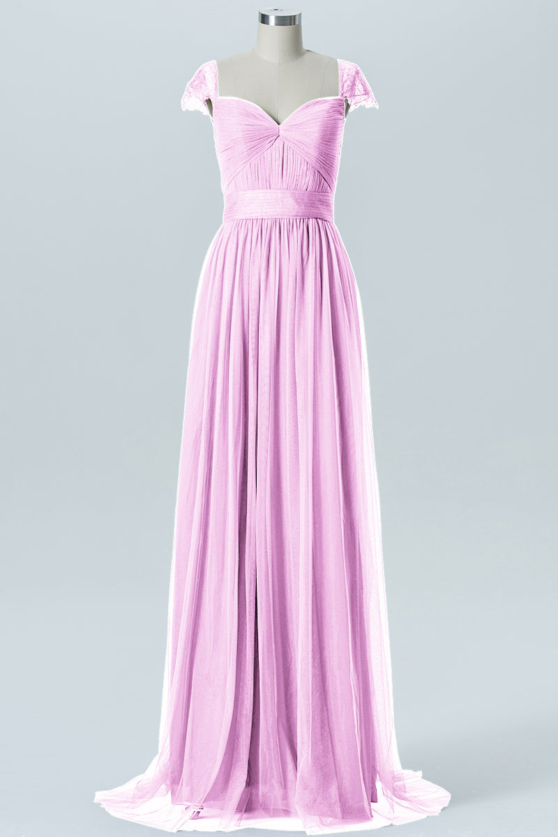 Lace Column Jewel Neck Short Sleeves Bridesmaid Dress-B08223