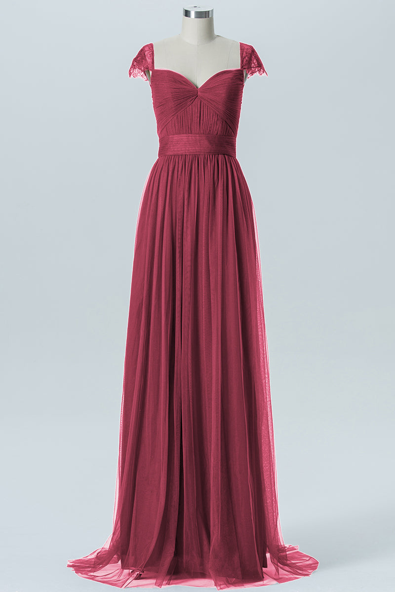 Lace Column Jewel Neck Short Sleeves Bridesmaid Dress-B08223