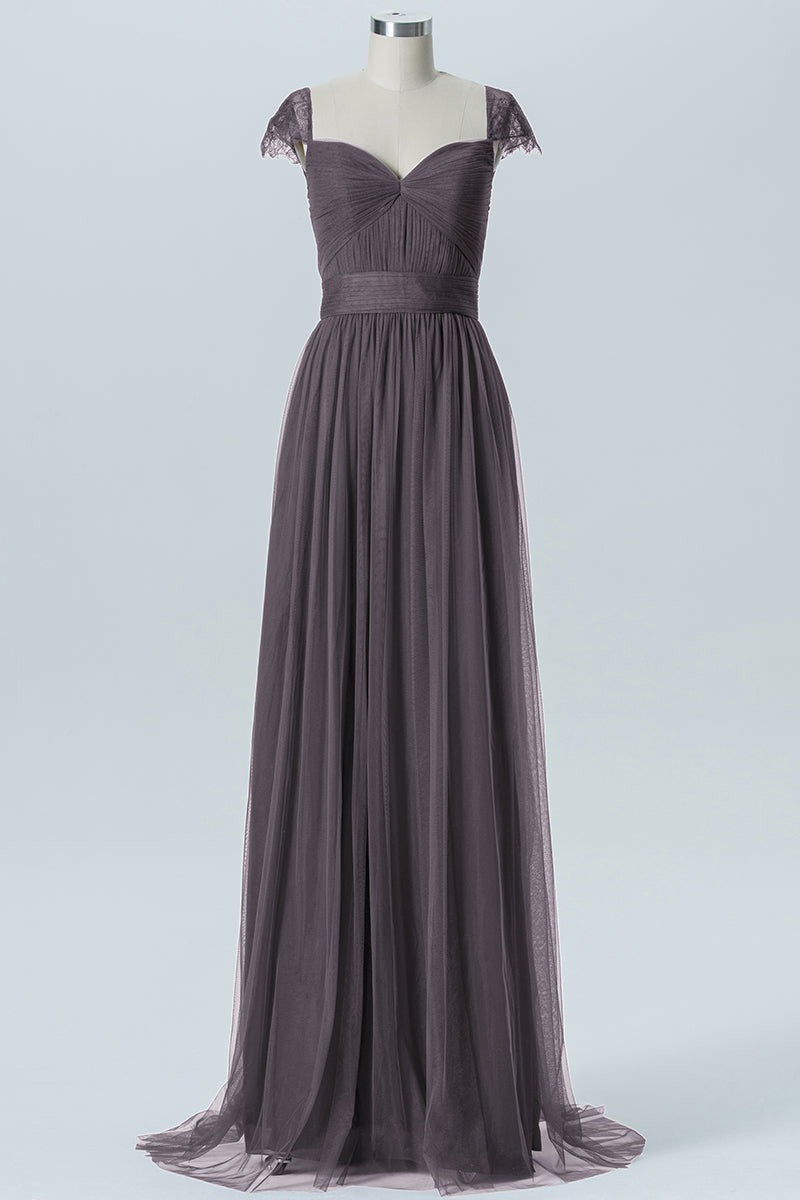 Lace Column Jewel Neck Short Sleeves Bridesmaid Dress-B08223