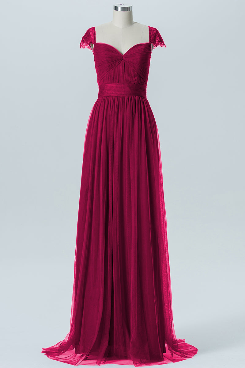 Lace Column Jewel Neck Short Sleeves Bridesmaid Dress-B08223