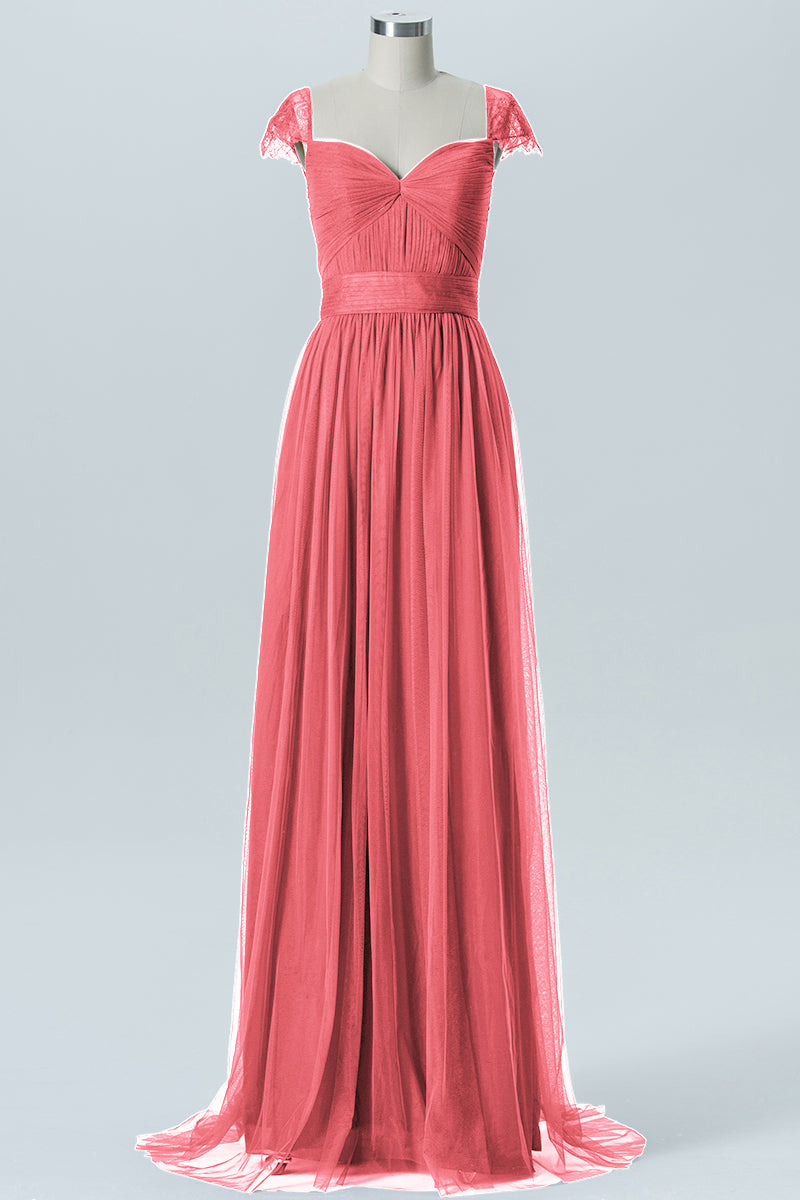 Lace Column Jewel Neck Short Sleeves Bridesmaid Dress-B08223