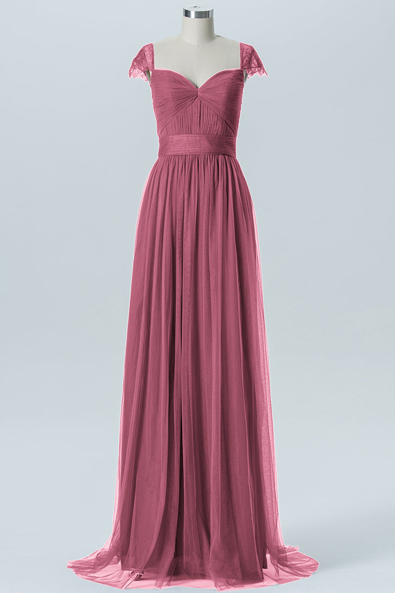 Lace Column Jewel Neck Short Sleeves Bridesmaid Dress-B08223