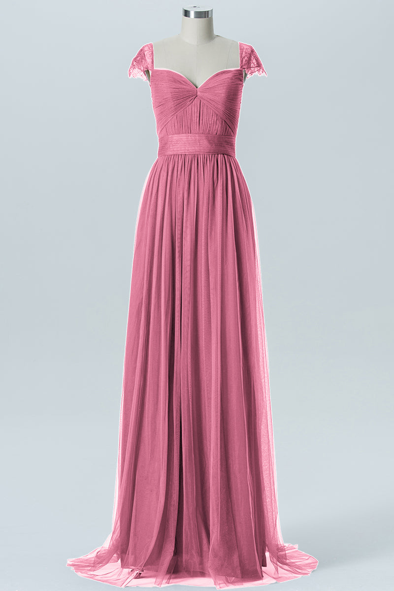 Lace Column Jewel Neck Short Sleeves Bridesmaid Dress-B08223