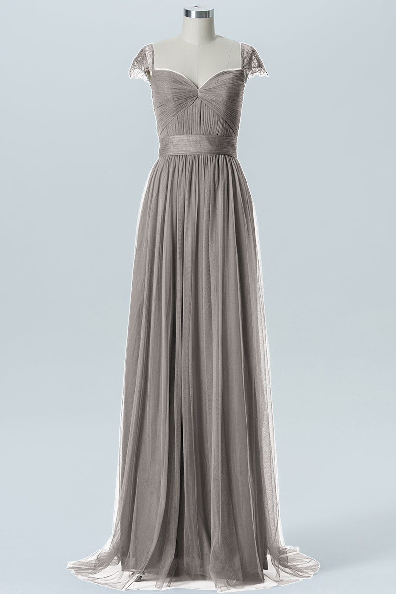 Lace Column Jewel Neck Short Sleeves Bridesmaid Dress-B08223
