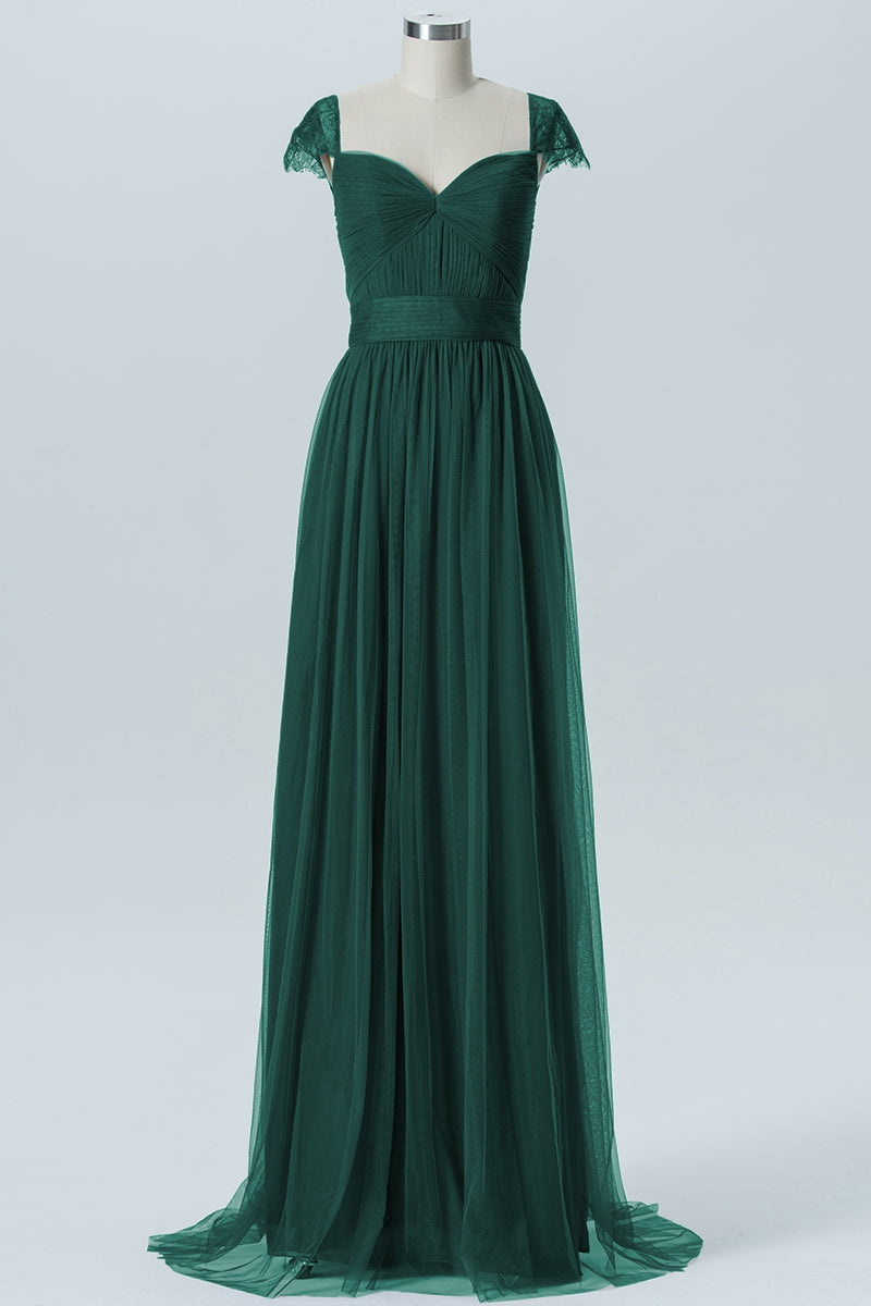 Lace Column Jewel Neck Short Sleeves Bridesmaid Dress-B08223