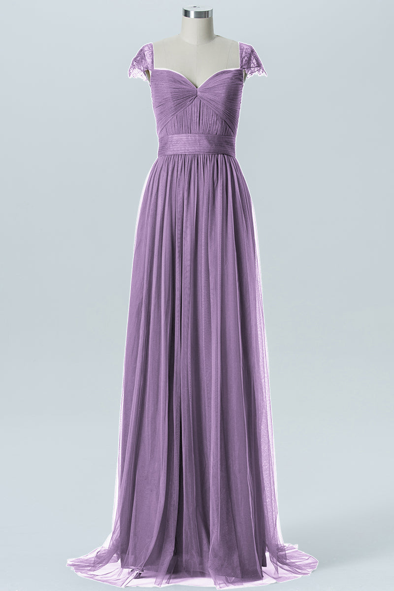 Lace Column Jewel Neck Short Sleeves Bridesmaid Dress-B08223