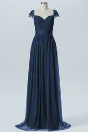 Lace Column Jewel Neck Short Sleeves Bridesmaid Dress-B08223