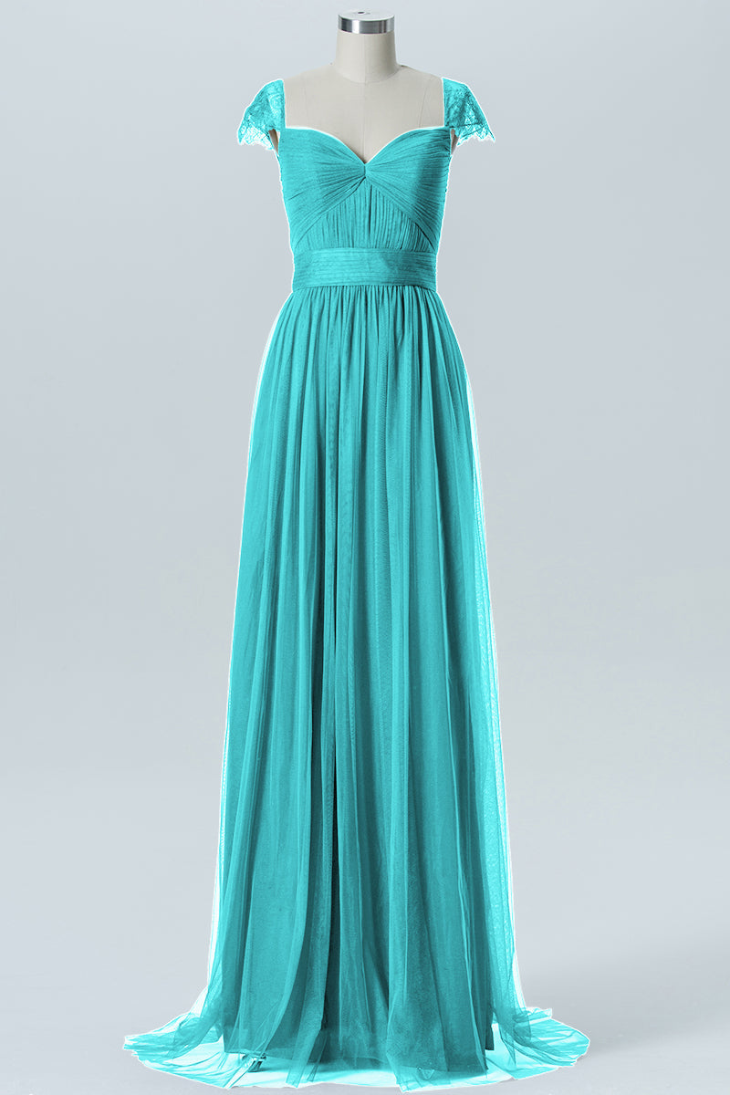 Lace Column Jewel Neck Short Sleeves Bridesmaid Dress-B08223