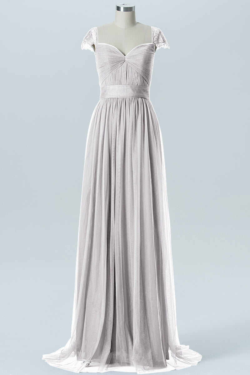 Lace Column Jewel Neck Short Sleeves Bridesmaid Dress-B08223