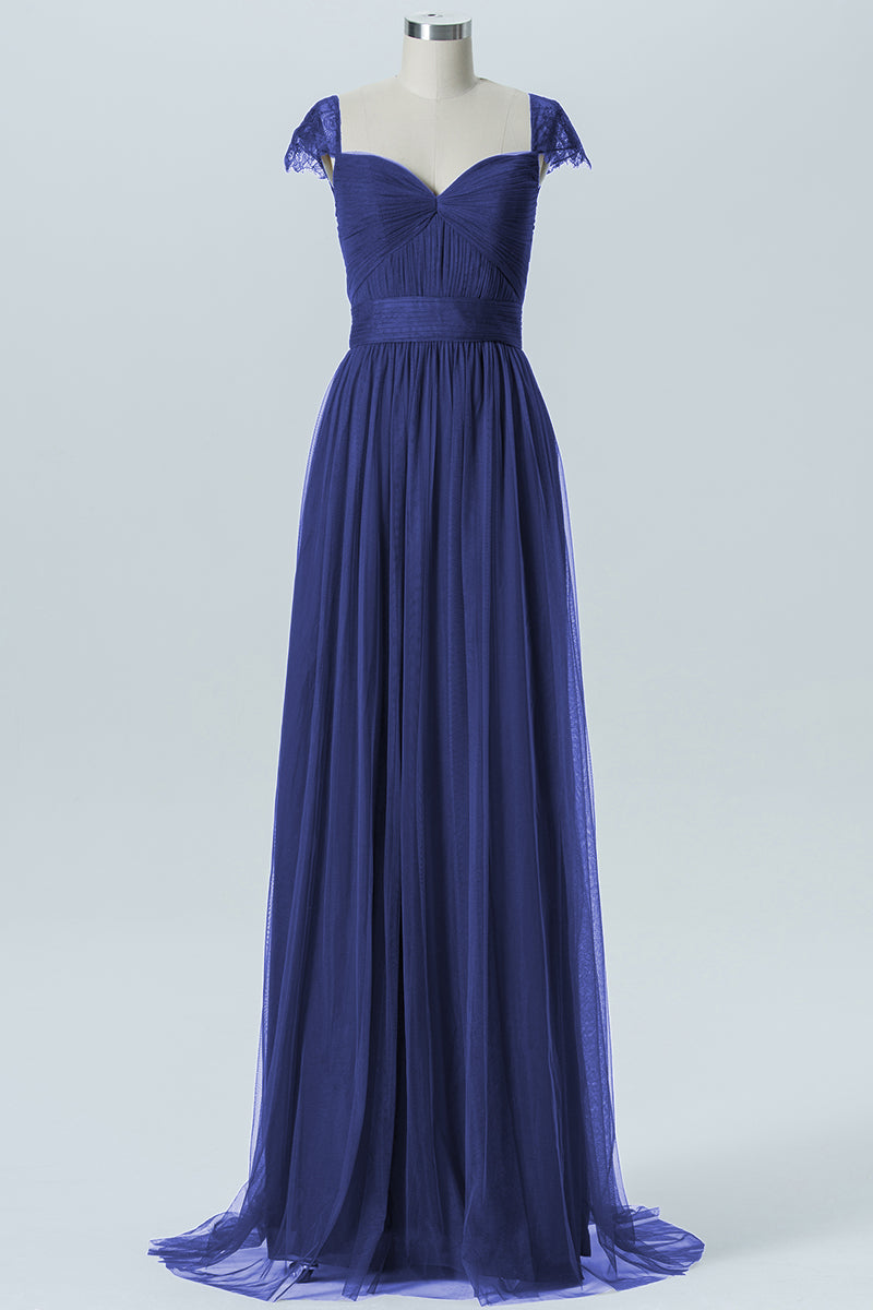 Lace Column Jewel Neck Short Sleeves Bridesmaid Dress-B08223