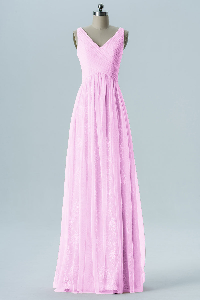 Lace Column V-Neck Sleeveless Bridesmaid Dress-B08306