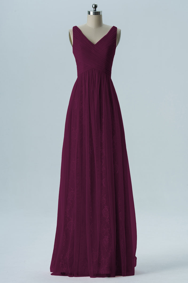 Lace Column V-Neck Sleeveless Bridesmaid Dress-B08306