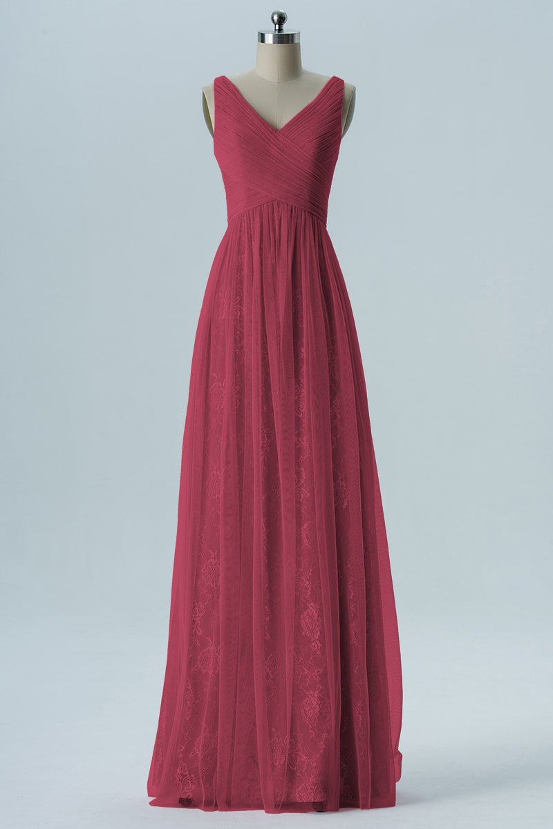 Lace Column V-Neck Sleeveless Bridesmaid Dress-B08306