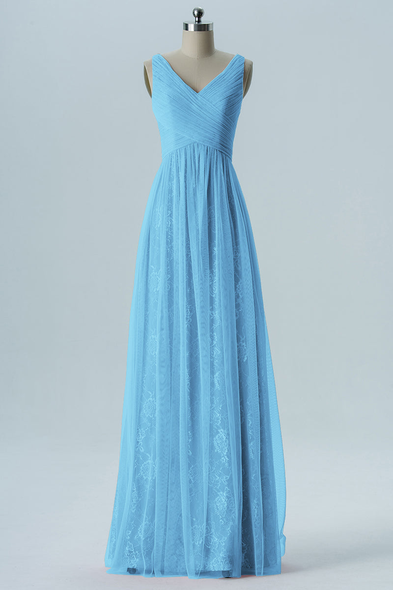 Lace Column V-Neck Sleeveless Bridesmaid Dress-B08306