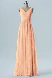 Lace Column V-Neck Sleeveless Bridesmaid Dress-B08306