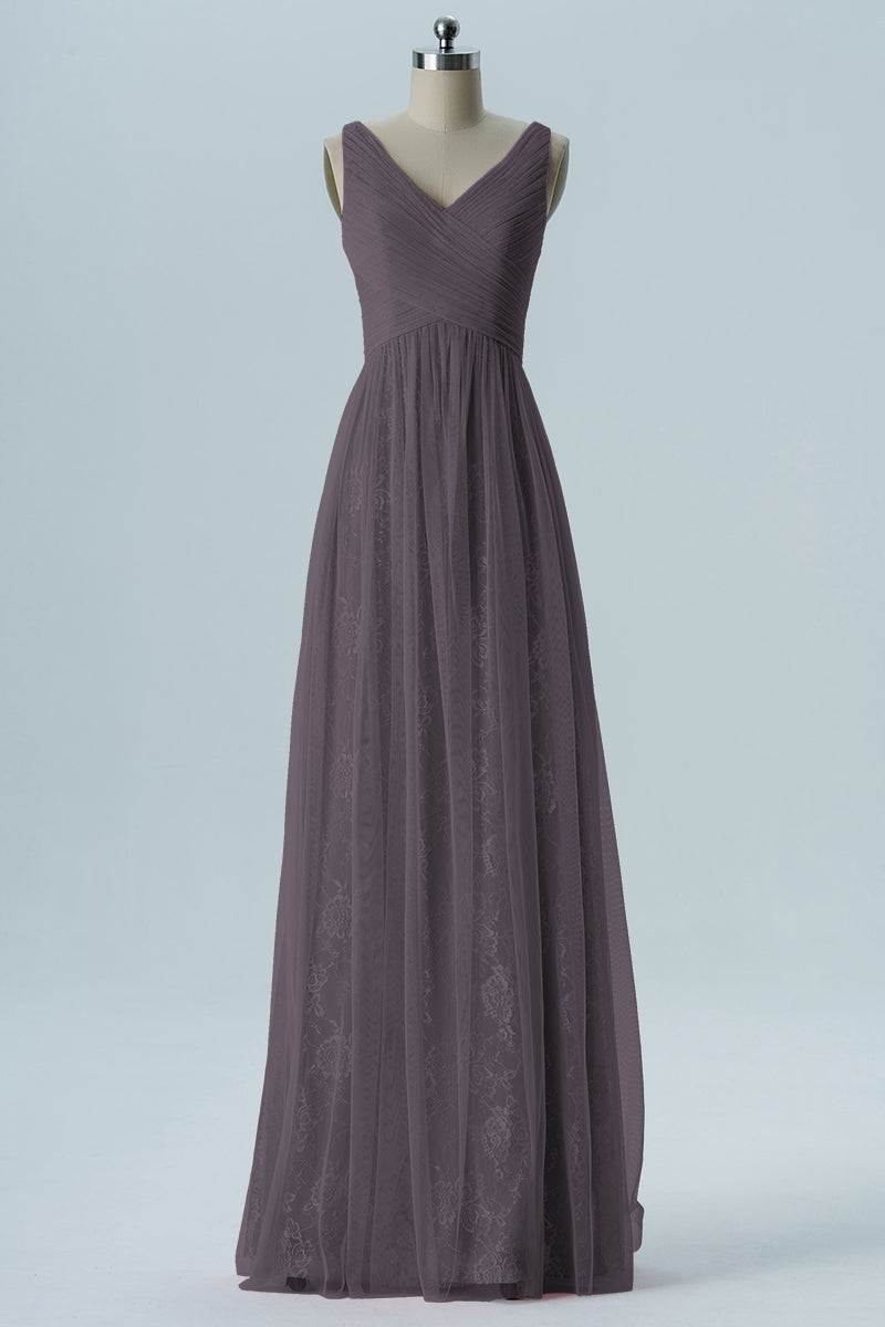 Lace Column V-Neck Sleeveless Bridesmaid Dress-B08306